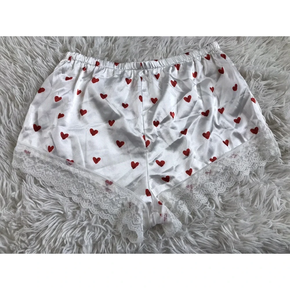 Women's Satin Heart Print Pajama Lace Trim Cami Top Size Medium White